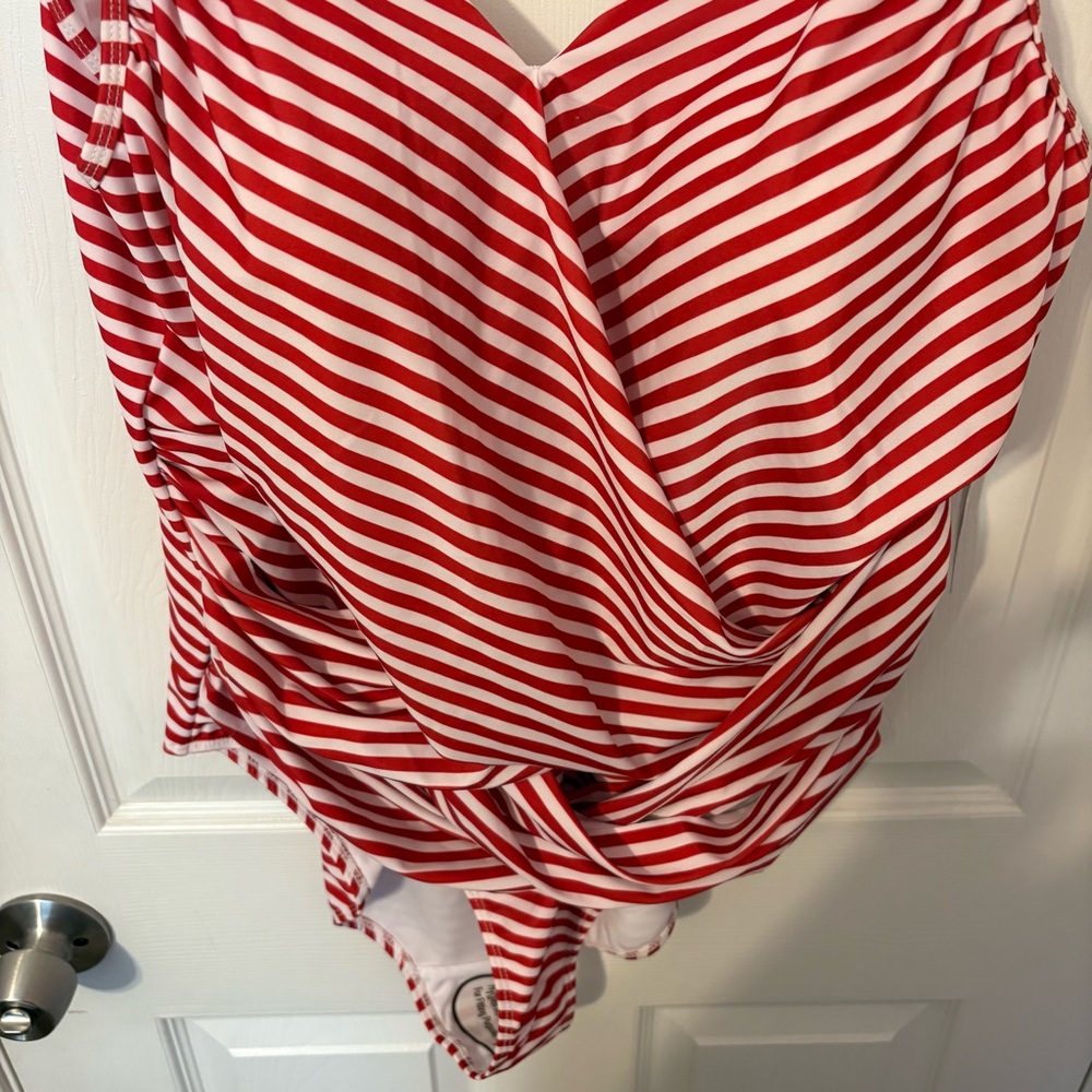 Nicole Miller Red and White Striped One Piece Swimsuit with Flattering Drapery - Picture 3 of 12